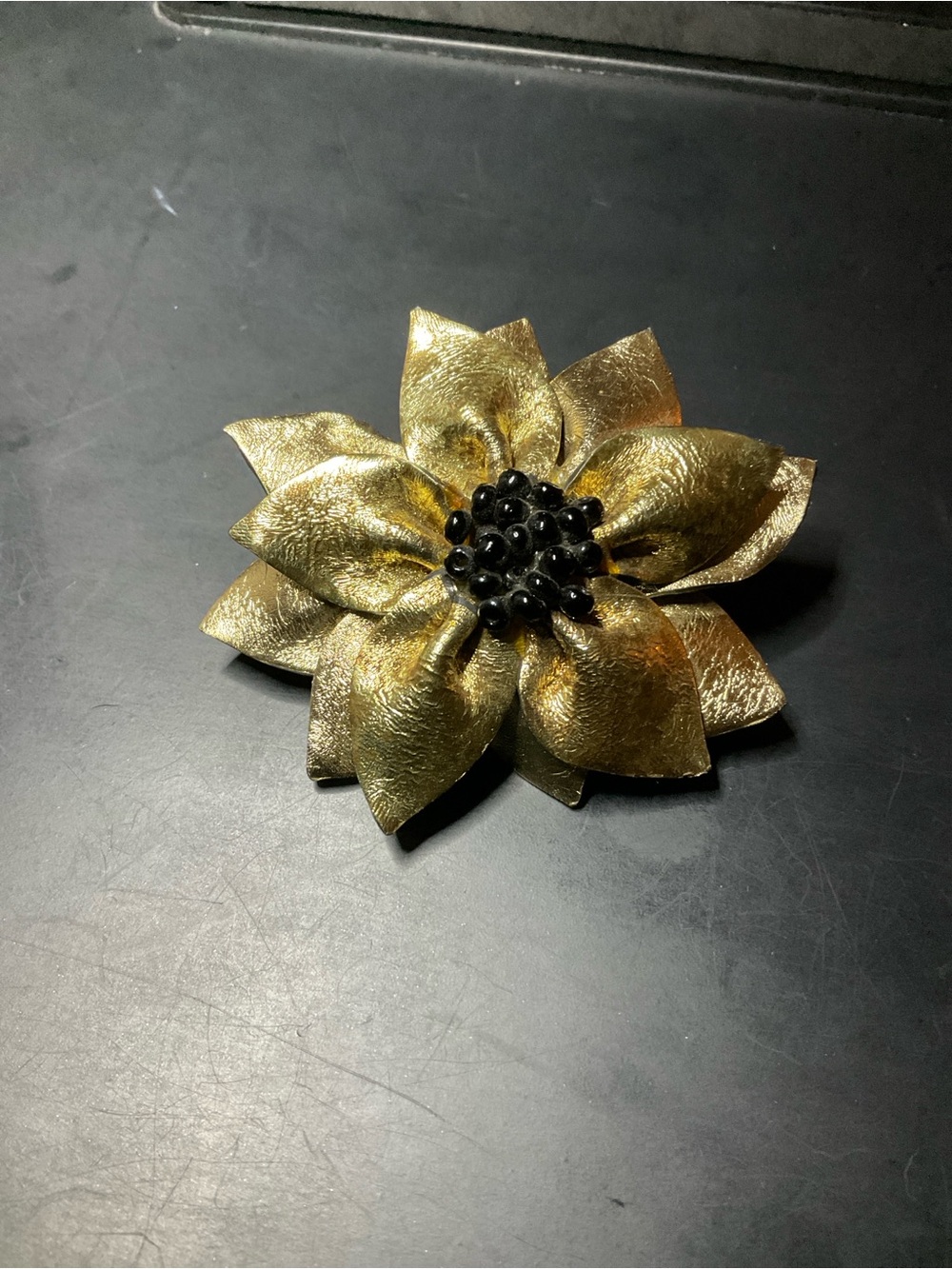 Gold Flower Brooch Pin with Black Bead Center - Women Jewelry